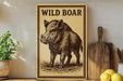 a wooden sign with a picture of a wild boar, placed on a shelf next to a wooden cutting board and some lemons.