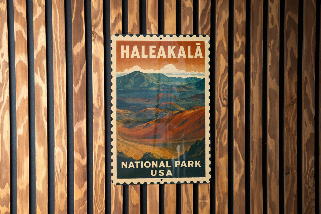 A vintage-style postage stamp for Haleakala National Park, USA, featuring a mountainous landscape.