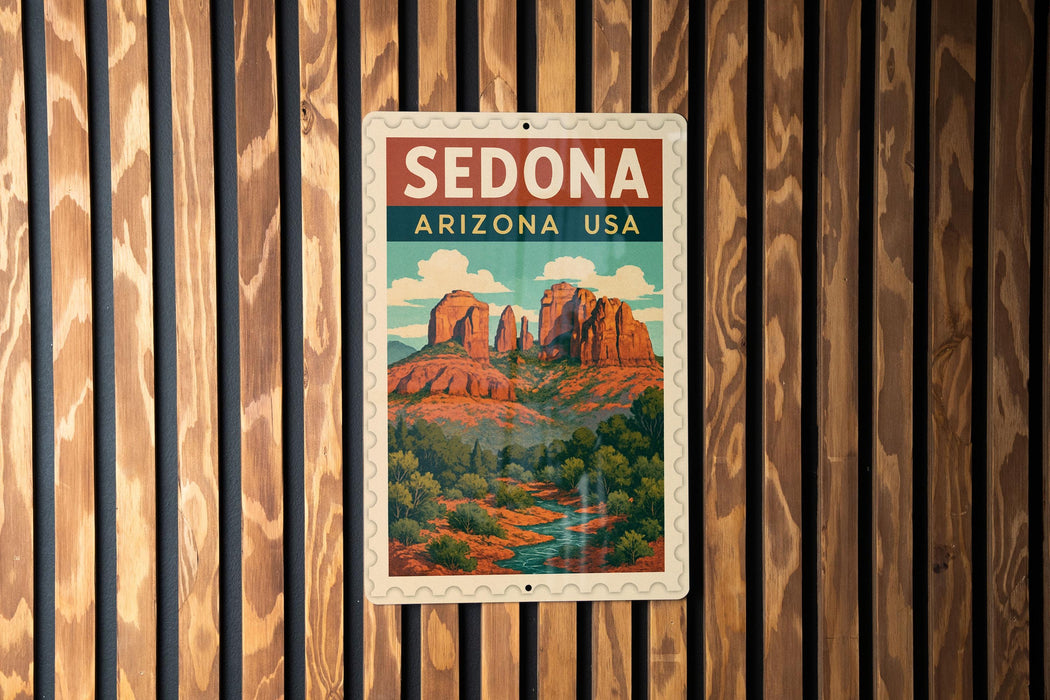 A vintage-style metal sign with the text "SEDONA ARIZONA USA" displayed on it, featuring a scenic illustration of Sedona, Arizona.