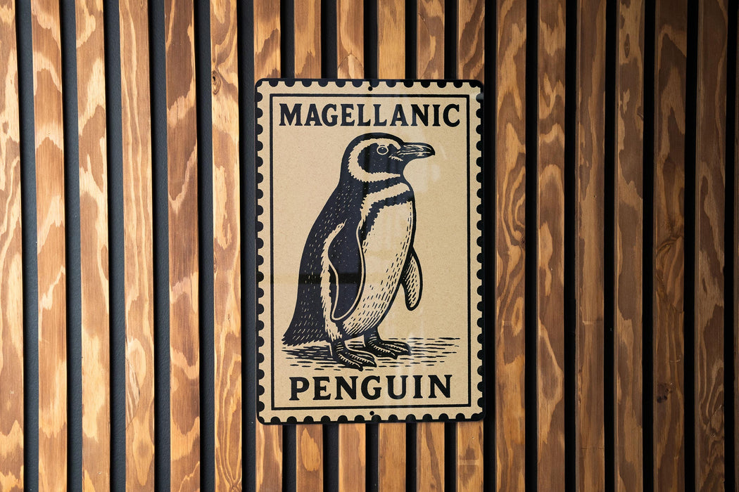 A metal sign featuring a penguin illustration is mounted on a wooden wall.