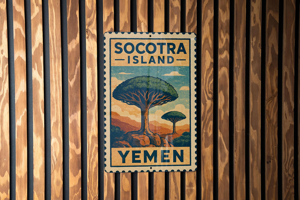 a vintage-style poster of Socotra Island, Yemen, with a tree illustration and the text "Yemen" below it.