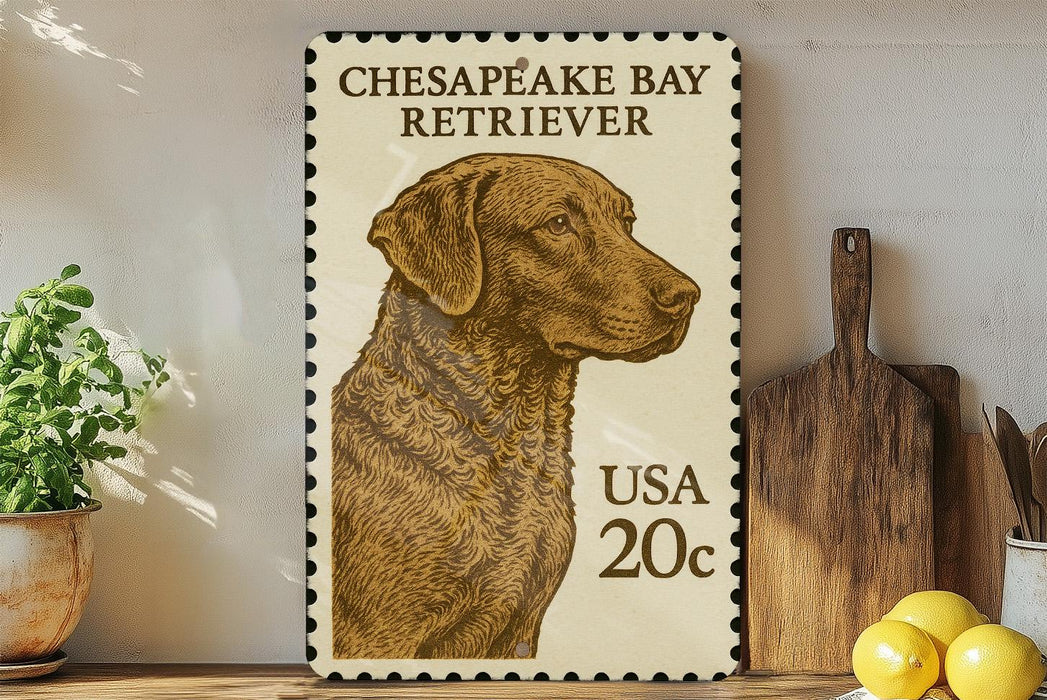 A framed image of a Chesapeake Bay Retriever dog, with a postage stamp on the wall behind it.