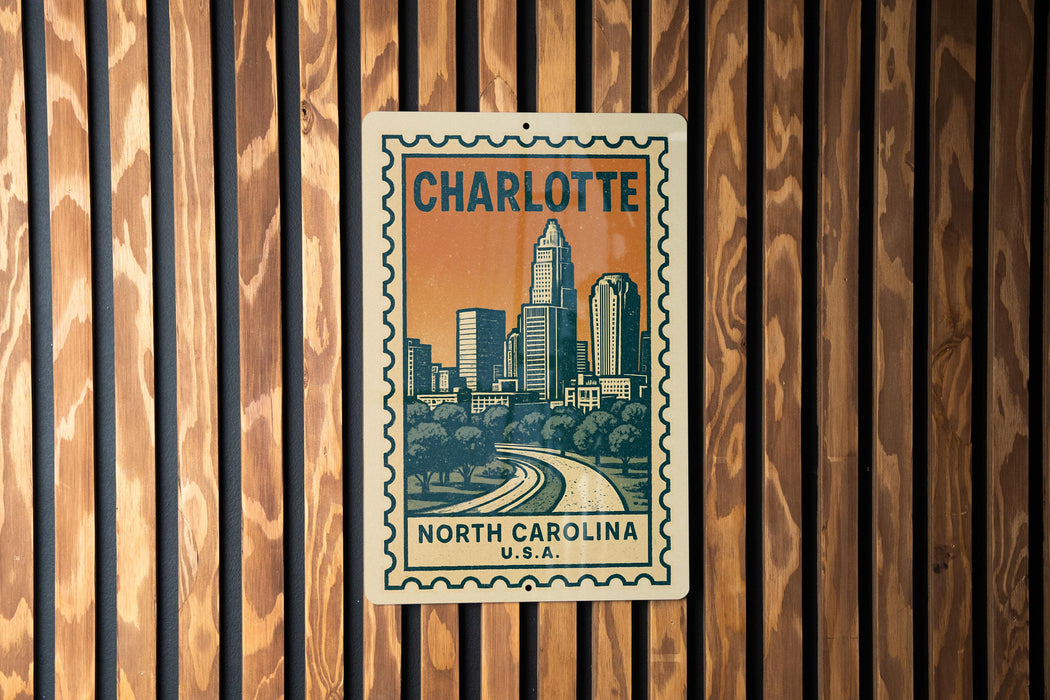 A metal sign with a cityscape and text, mounted on a wooden wall.