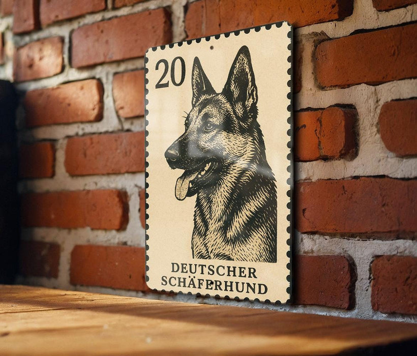 A German Shepherd dog is depicted on a German postage stamp, which is mounted on a brick wall.
