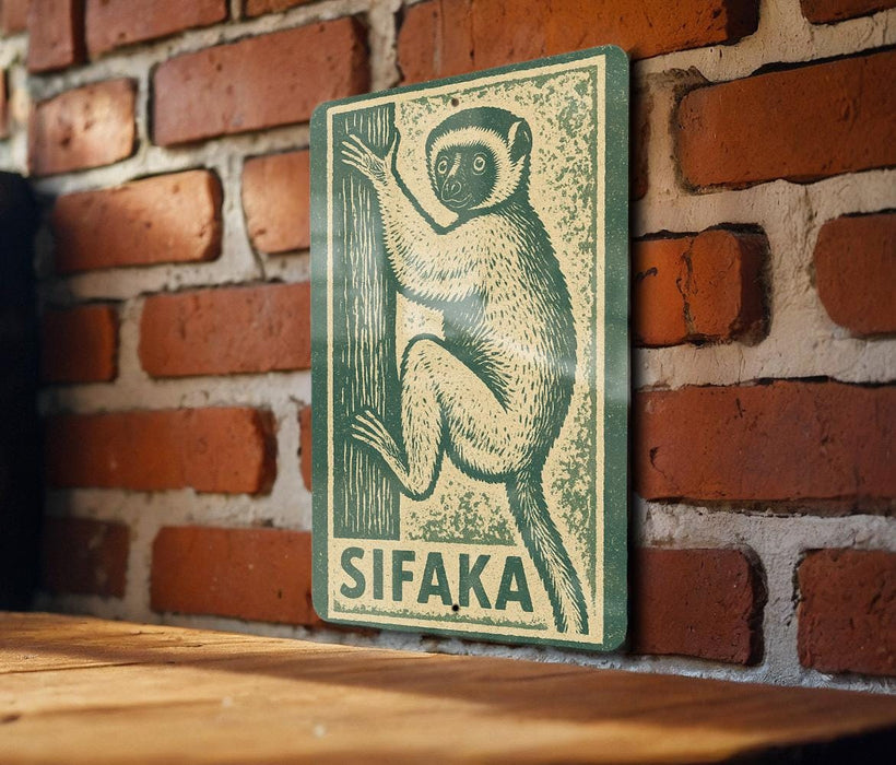 a green sign with a monkey illustration on a brick wall.