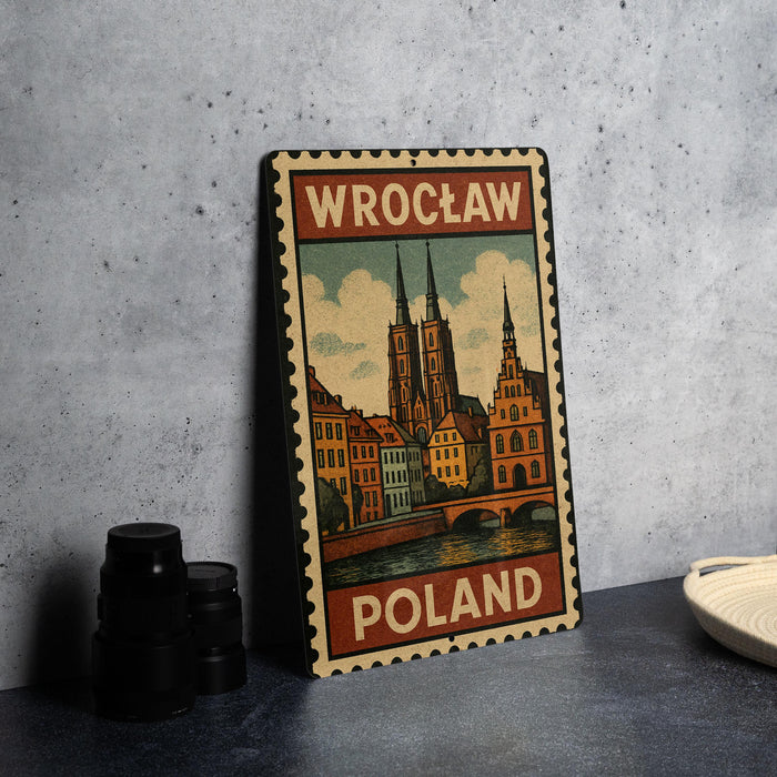 A metal sign with a vintage-style illustration of a cityscape and a castle, featuring the text "Wrocław Poland" on it, is displayed on a table.