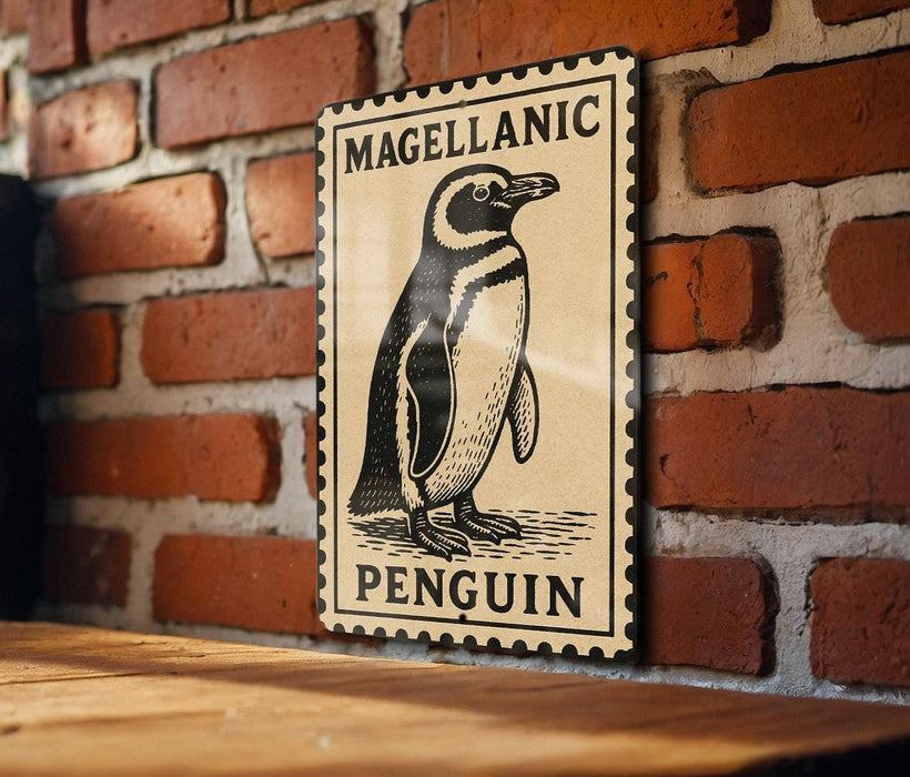 A wooden table with a framed poster of a penguin on it, mounted on a brick wall.