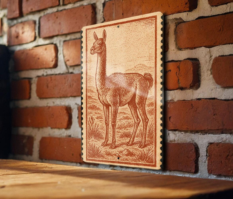 a wooden table with a framed illustration of a llama on the wall behind it.