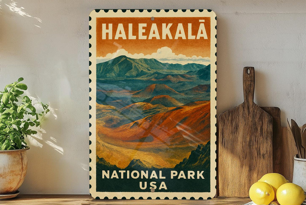 A vintage-style postage stamp depicting the scenic Haleakala National Park in the United States, with mountains and a landscape in the background.