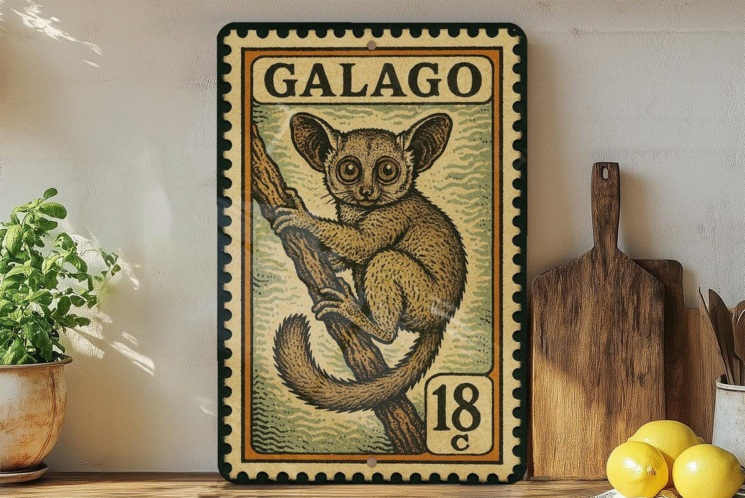 A framed illustration of a lemur, a type of primate, is displayed on a shelf next to a wooden cutting board and some lemons.