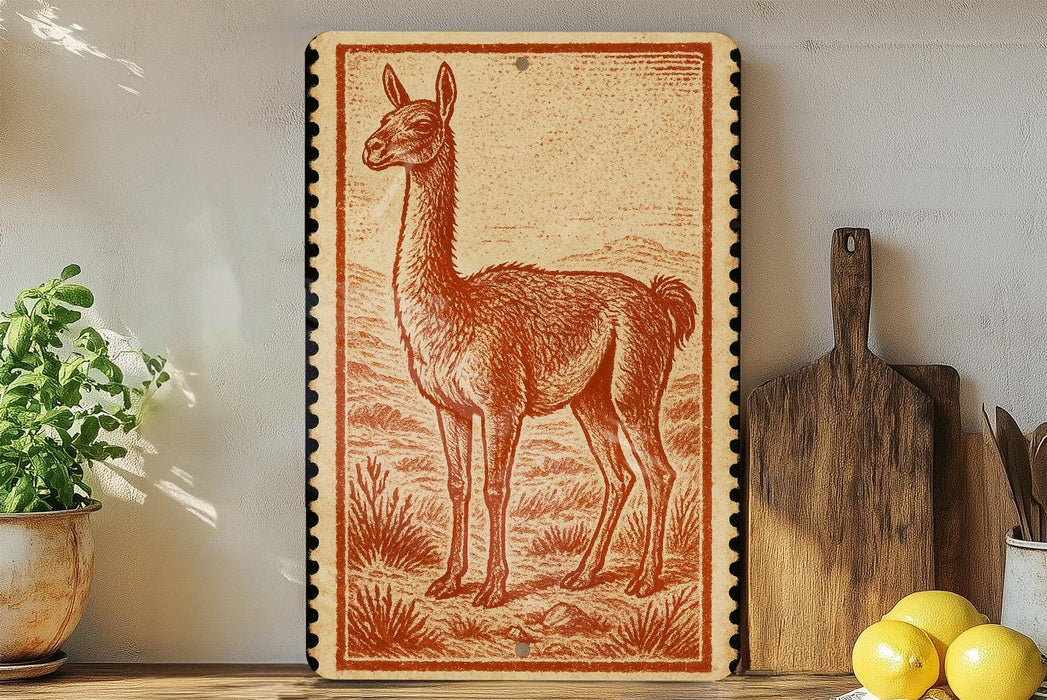 a wooden board with a detailed illustration of a llama, a potted plant, a wooden cutting board, and some lemons on a shelf.