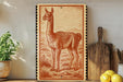 a wooden board with a detailed illustration of a llama, a potted plant, a wooden cutting board, and some lemons on a shelf.