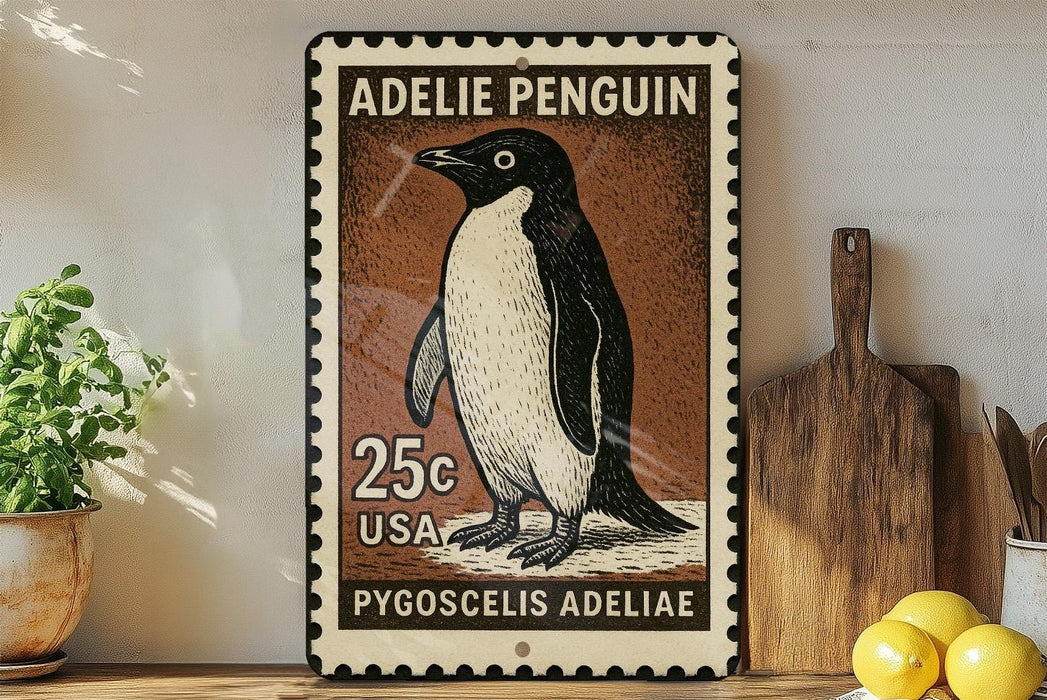 A metal sign featuring an illustration of a penguin, with the text "ADELIE PENGUIN" and "25c USA" printed on it. The sign is placed on a shelf next to a wooden cutting board and a potted plant.