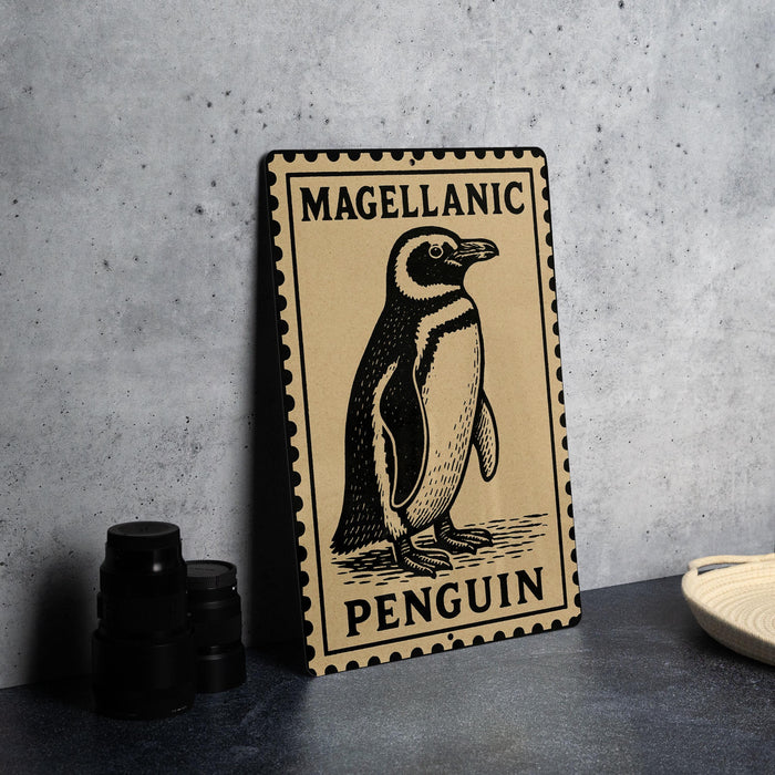A metal sign featuring a penguin illustration, with the text "MAGELLANIC PENGUIN" printed on it.