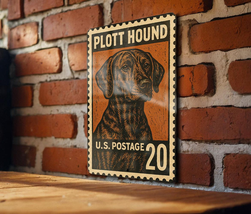 A vintage-style metal sign featuring a dog illustration and the text "PLOTT HOUND" and "U.S. POSTAGE 20" is displayed on a brick wall.