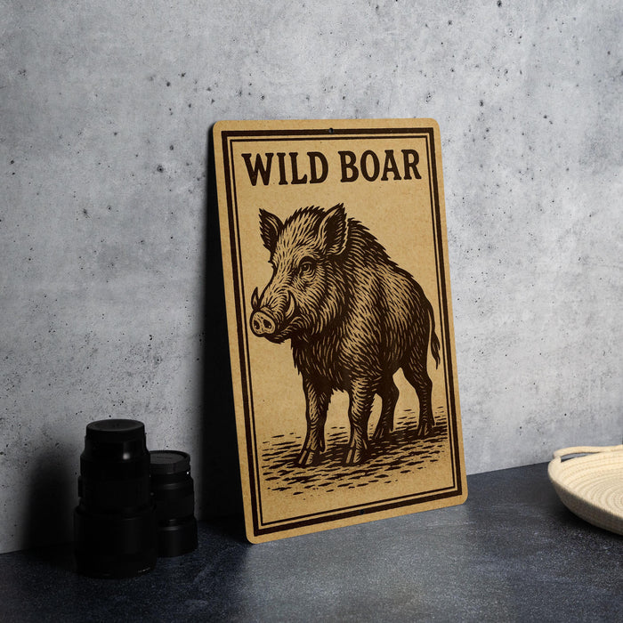 a wooden sign with a picture of a wild boar, placed on a table next to some black camera lenses.