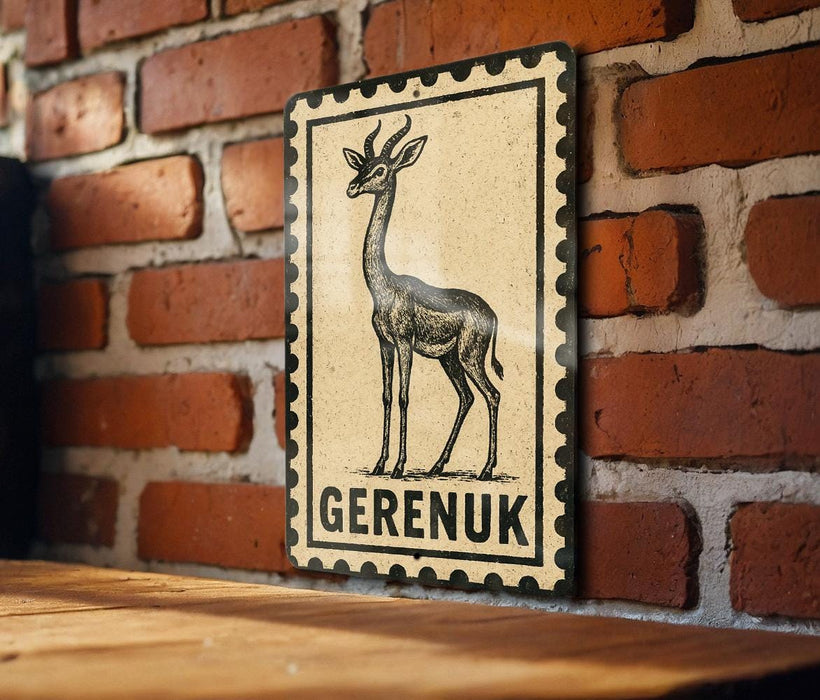 A vintage-style metal sign featuring a giraffe illustration is mounted on a brick wall.