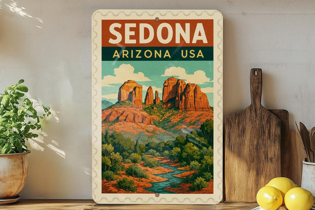 A vintage-style metal sign displaying the scenic landscape of Sedona, Arizona, USA, with a river and rock formations in the background.