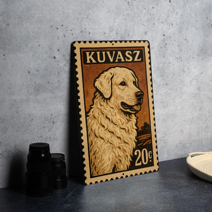 A metal sign featuring a golden retriever dog, with the text "KUVASZ" and "20¢" printed on it.
