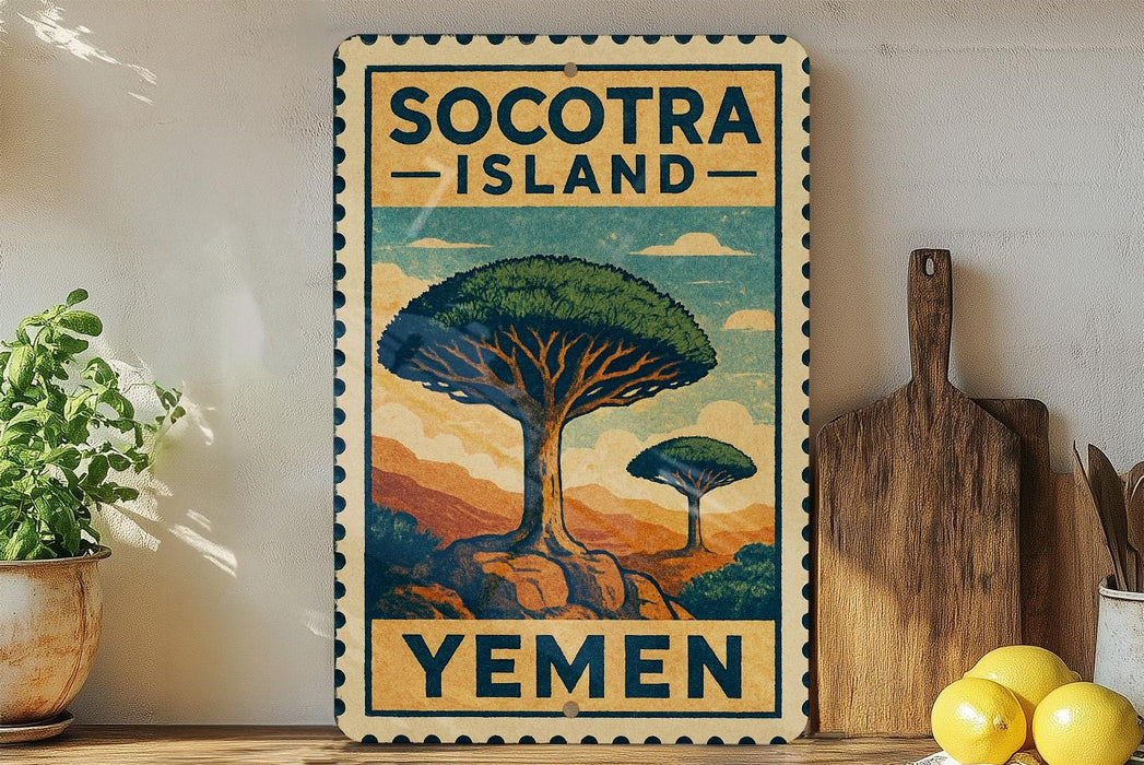 a vintage-style sign for Socotra Island, Yemen, with a colorful illustration of a tree and mountains. The sign is displayed on a wall, with a wooden cutting board and a potted plant to the left.