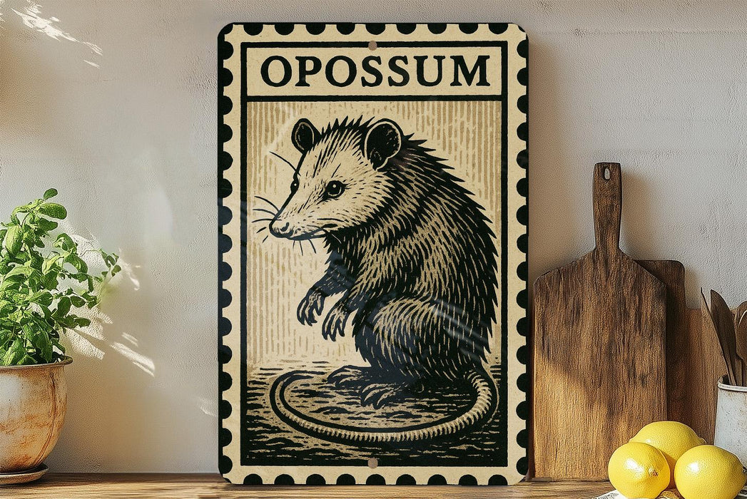 a vintage-style metal sign with a black and white illustration of an opossum, placed on a wooden surface next to a wooden cutting board and some lemons.
