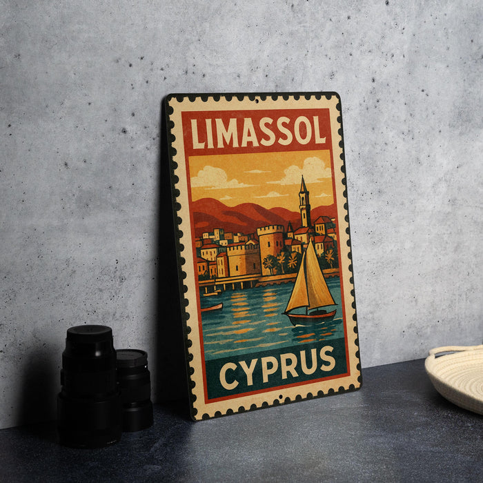 A vintage-style metal sign with a colorful illustration of a sailboat and a coastal town, with the text "LIMASSOL CYPRUS" prominently displayed.