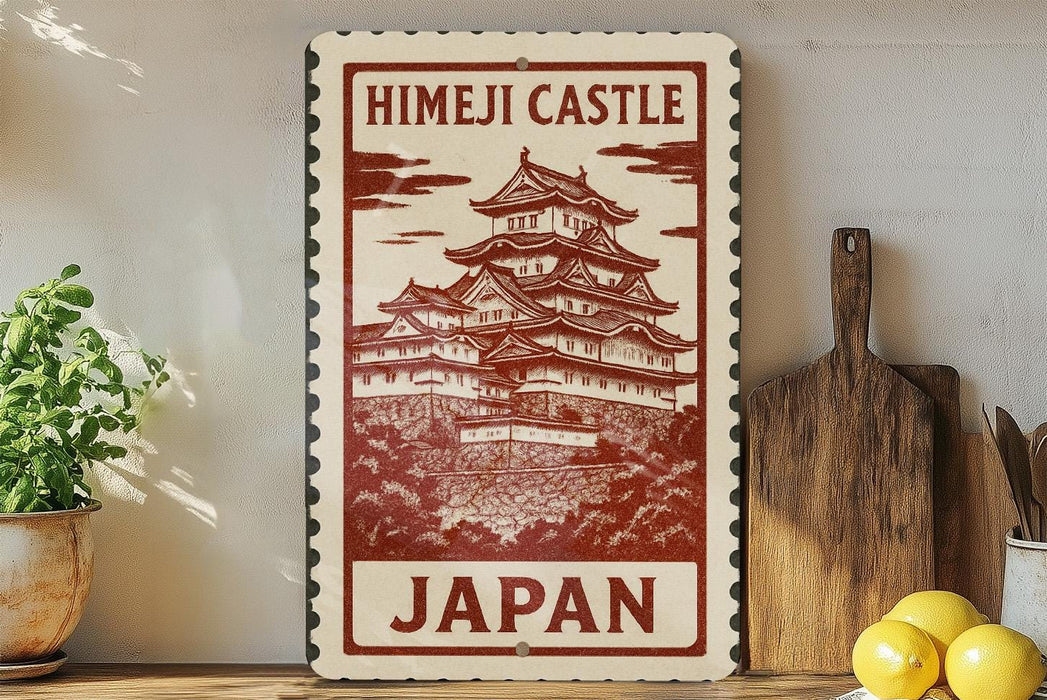 A vintage-style sign depicting the Himeji Castle in Japan, with a wooden board and a potted plant in the foreground.