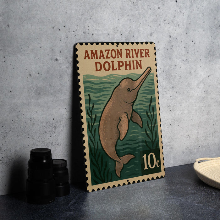 A metal sign with a picture of a dolphin and text, placed on a table next to some black camera lenses.