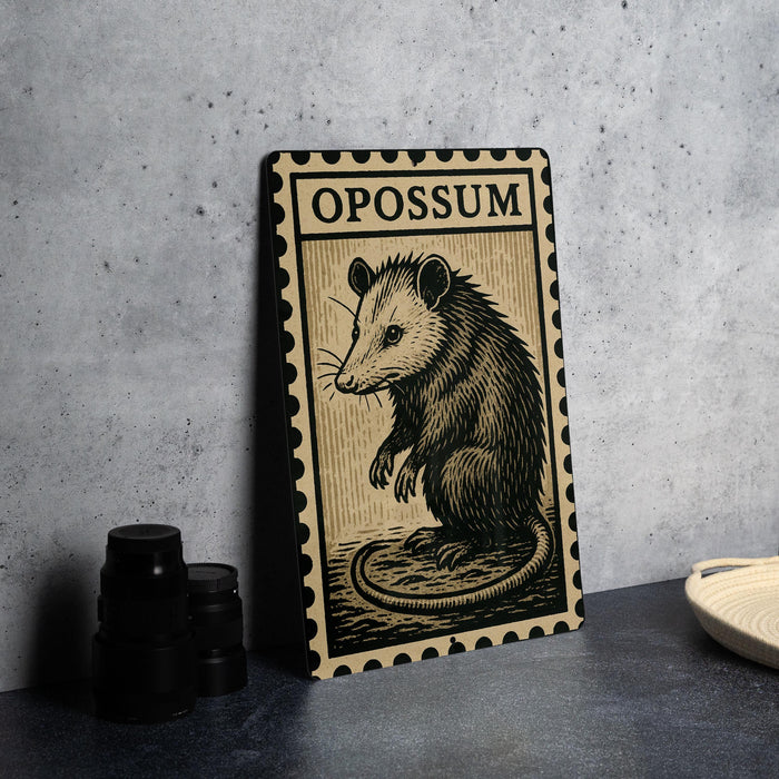 a metal plate with a stamp-like design, depicting a close-up of a small animal, possibly a rodent, with the word "OPOSSUM" written above it.