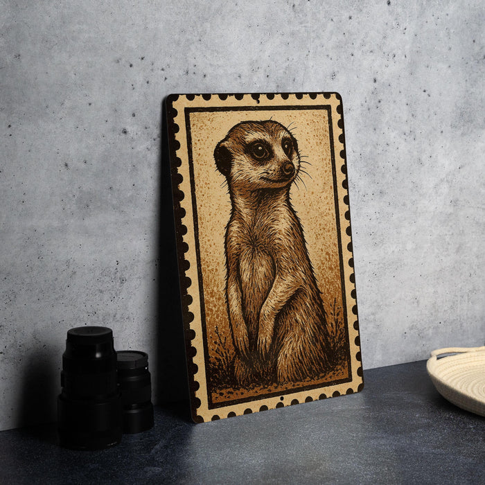 a wooden frame with a detailed illustration of a meerkat on it, placed on a dark surface next to some black camera lenses.