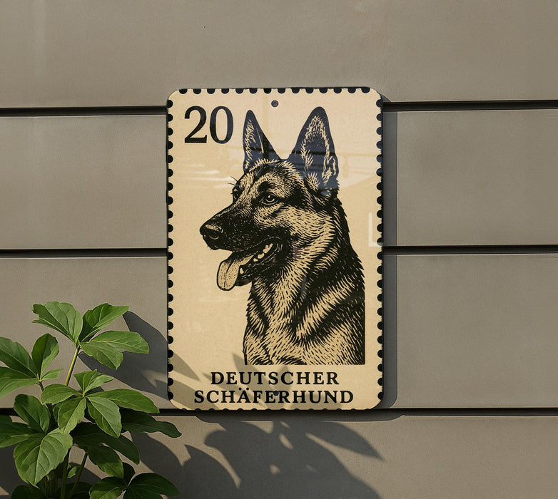 German Shepherd Dog Metal Sign – Vintage Stamp Style Wall Art, Rustic Decor for Home, Farmhouse, Man Cave