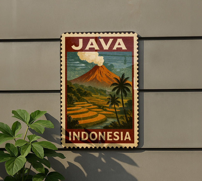 A vintage-style poster of a tropical landscape with a mountain, palm trees, and a river, featuring the word "JAVA" prominently displayed.