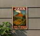 A vintage-style poster of a tropical landscape with a mountain, palm trees, and a river, featuring the word "JAVA" prominently displayed.
