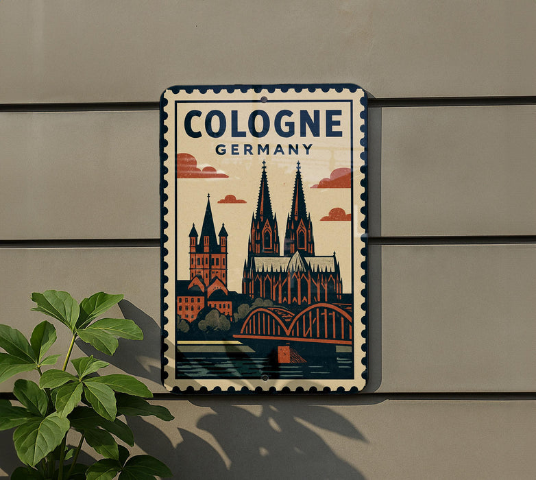 A vintage-style metal sign with the text "COLOGNE GERMANY" and an illustration of the Cologne Cathedral, a famous landmark in Germany.