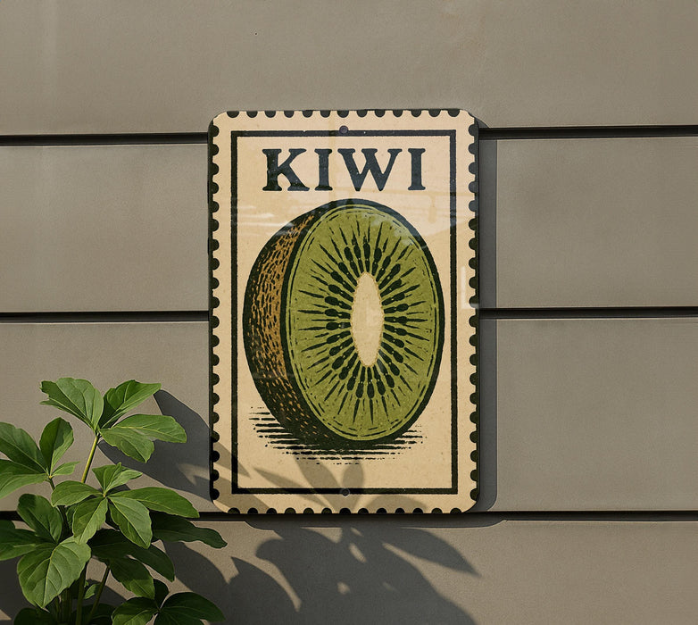 A vintage-style stamp or postcard with a kiwi fruit illustration, mounted on a wall next to a plant.