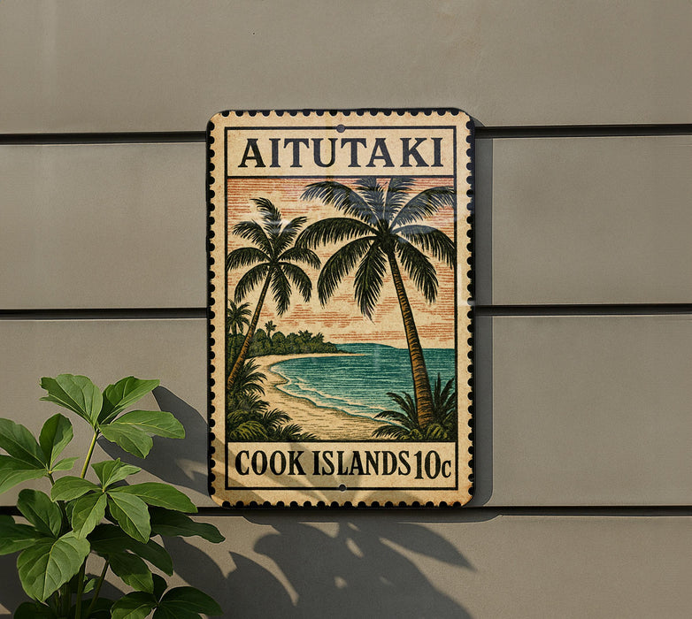 a sign with a tropical beach scene, including palm trees and a sunset over the ocean.