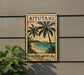a sign with a tropical beach scene, including palm trees and a sunset over the ocean.