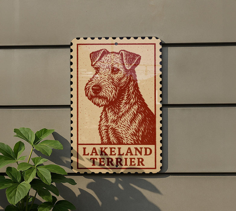 A sign featuring a red and white illustration of a Terrier dog, with the text "LAKELAND TERRIER" below it.