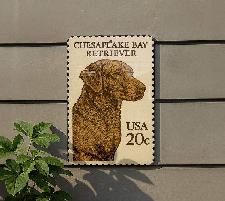 A postage stamp featuring a portrait of a Chesapeake Bay Retriever dog, with the text "CHESAPEAKE BAY RETRIEVER" and the value "20c" printed on it.