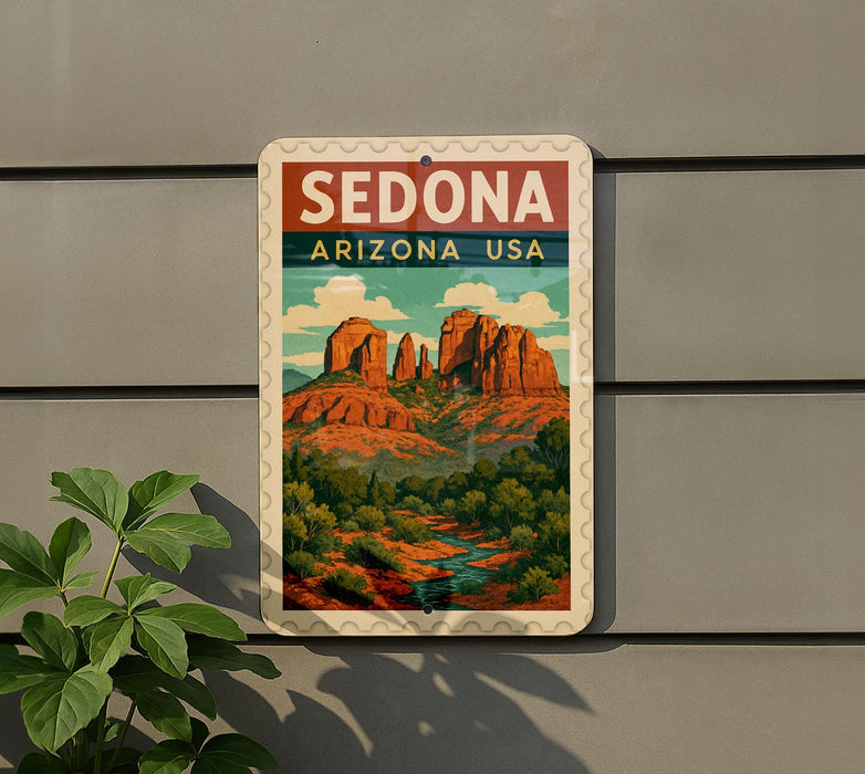A vintage-style sign for Sedona, Arizona, USA, featuring a scenic illustration of the iconic rock formations of Sedona.
