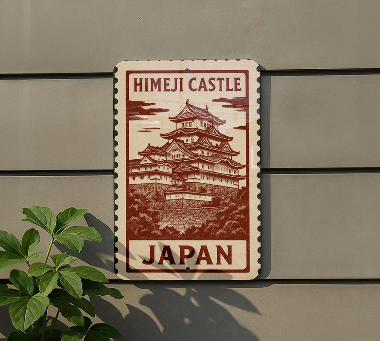 A sign displaying the name of a castle, "Himeji Castle", with a picture of the castle on it. The sign is mounted on a wall, and there is a plant to the left of the sign.