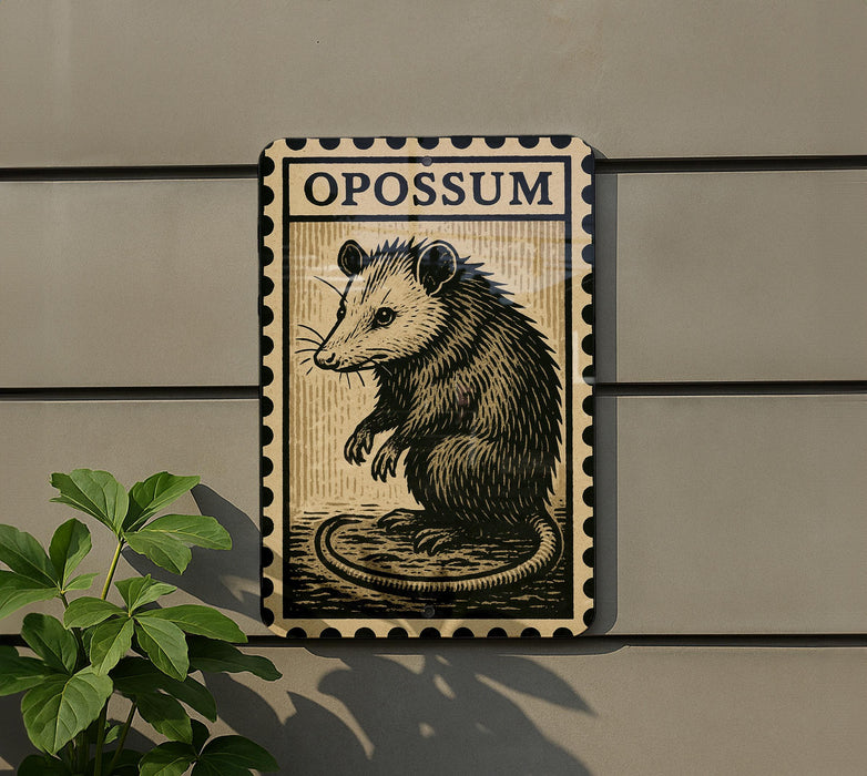 a wall with a framed illustration of an opossum, which is a type of rodent.