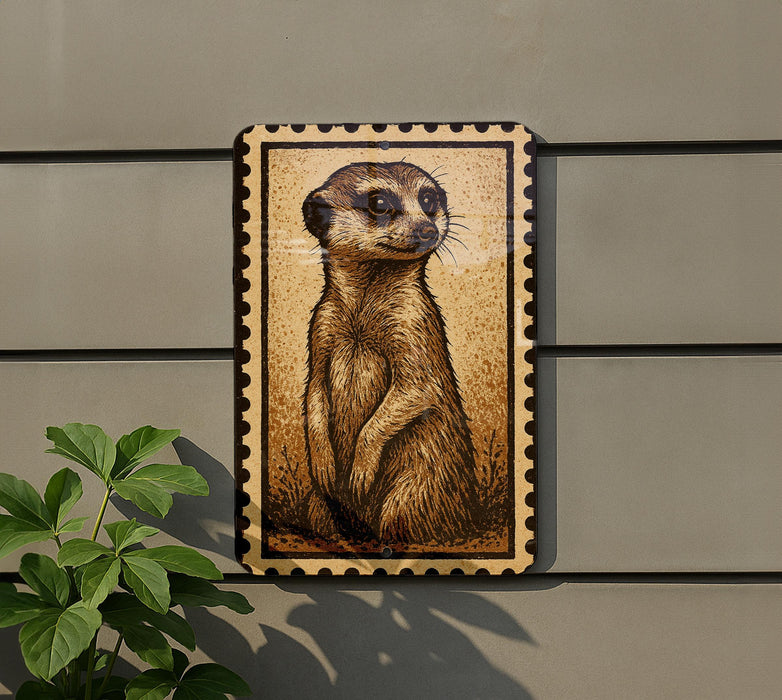 a meerkat standing on its hind legs, with a potted plant to the left of the frame.