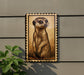 a meerkat standing on its hind legs, with a potted plant to the left of the frame.