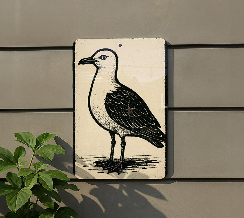 a black and white illustration of a seagull standing on one leg against a gray wall.