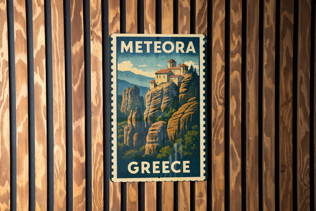 A vintage postage stamp from Greece featuring a mountainous landscape with a castle or building on a cliff.