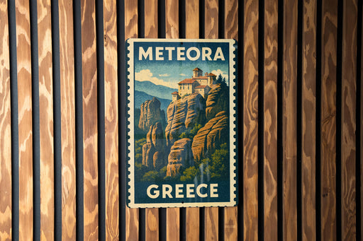 A vintage postage stamp from Greece featuring a mountainous landscape with a castle or building on a cliff.
