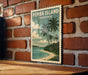 A vintage-style poster of Pemba Island, Tanzania, featuring palm trees, a beach, and a blue sky with clouds.