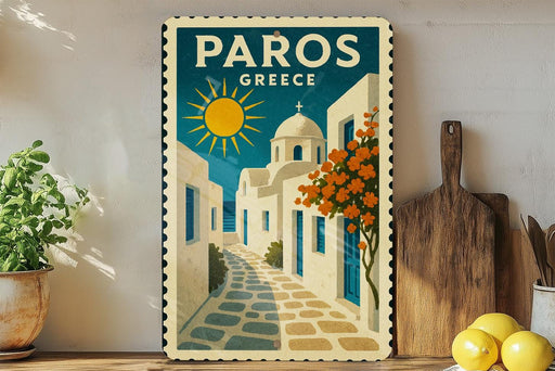 A vintage-style poster of a Greek village, featuring a sun, buildings, and flowers, is displayed on a wall next to a wooden cutting board and a potted plant.