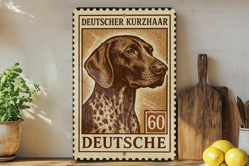 a German Shorthaired Pointer dog, which is a breed of dog known for its distinctive appearance and long, straight coat. The dog is depicted in a stamp-like design, with the text "DEUTSCHER KURZHAAR" and "60 DEUTSCHE" visible. The German Shorthaired Pointer is a popular breed, and the image is likely showcasing this breed as a decorative piece or a collectible item.